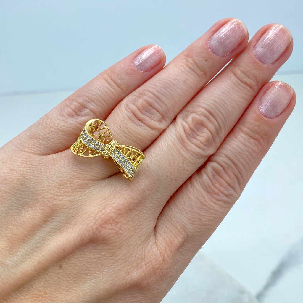 18k Gold Filled 3D Mesh Ribbon Bow CZ Adjustable Ring Wholesale