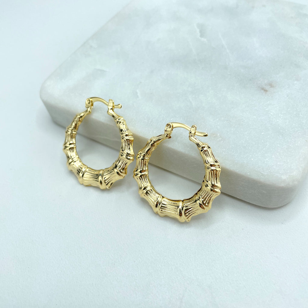 18k Gold Filled 31mm Bamboo Design Hollow Hoop Earrings
