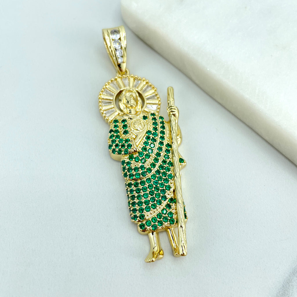 18k Gold Filled Clear Baguette & Green Micro CZ Saint Jude Charm, Religious Pendant