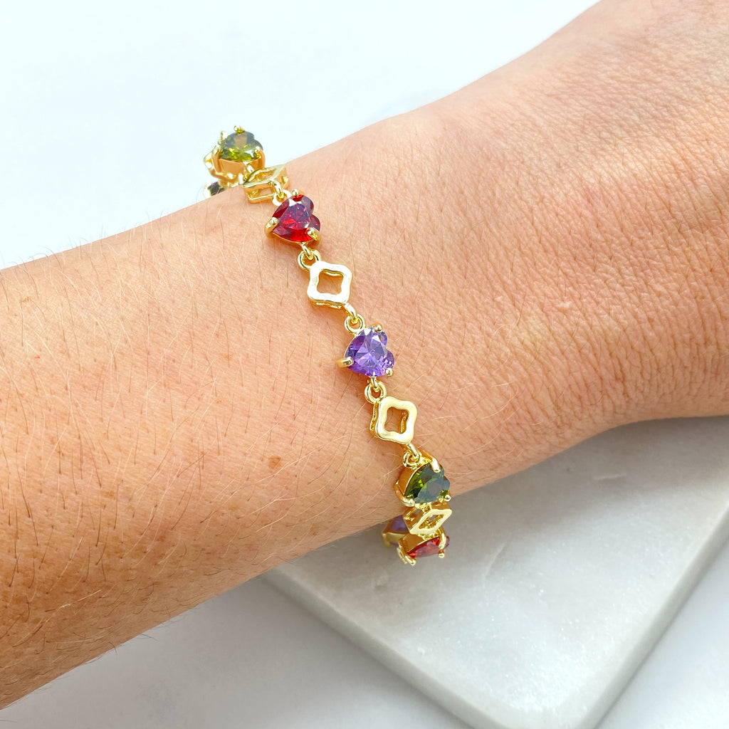 18k Gold Filled Bracelet, Multicolor CZ Heart and Clover Link Design, Linked CZ Bracelet Dainty Romantic Jewelry