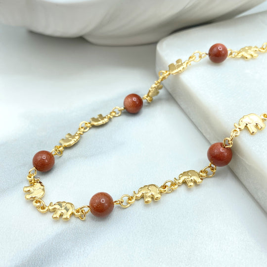 18k Gold Filled Aventurine & Puffed Elephants Necklace, 17.5 Inches Long, Elephants Charm with Aventurine Beads Necklace