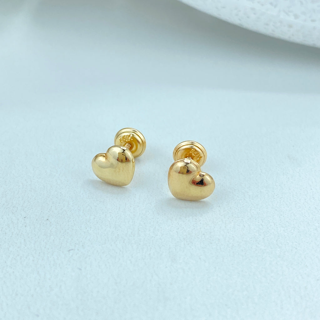 14k Solid Gold Heart Stud Earrings, 14k Solid Yellow Gold Puffed Polished Stud Earrings