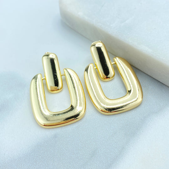 18k Gold Filled Door Knocker Drop Earrings, Geometric Square Shaped Drop Dangle Earrings with Push Back