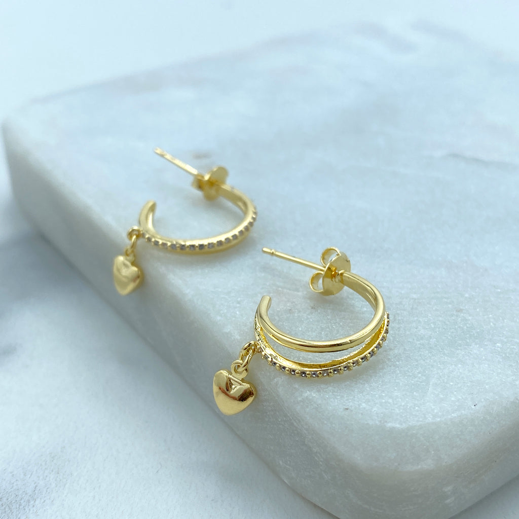 18k Gold Filled Double Layered C-Hoop Earrings featuring Micro CZ and Dangle Petite Heart Charms