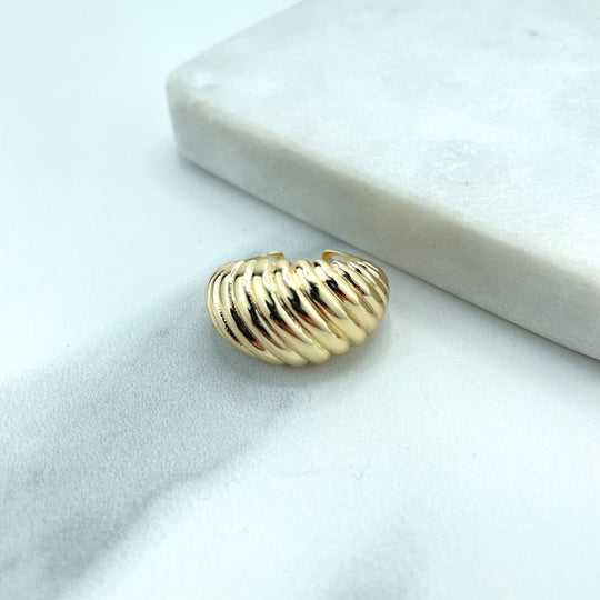 18k Gold Filled Line Patterned Dome Ring, Croissant Dome Ring, Vintage Dome Ring