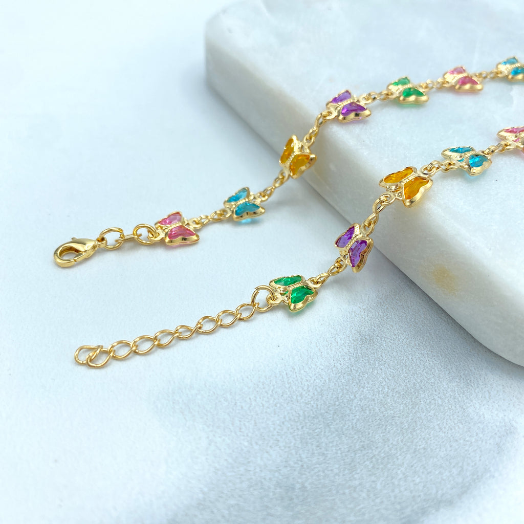 18k Gold Filled Multi Colored Crystal Linked Butterflies Necklace or Bracelet SET