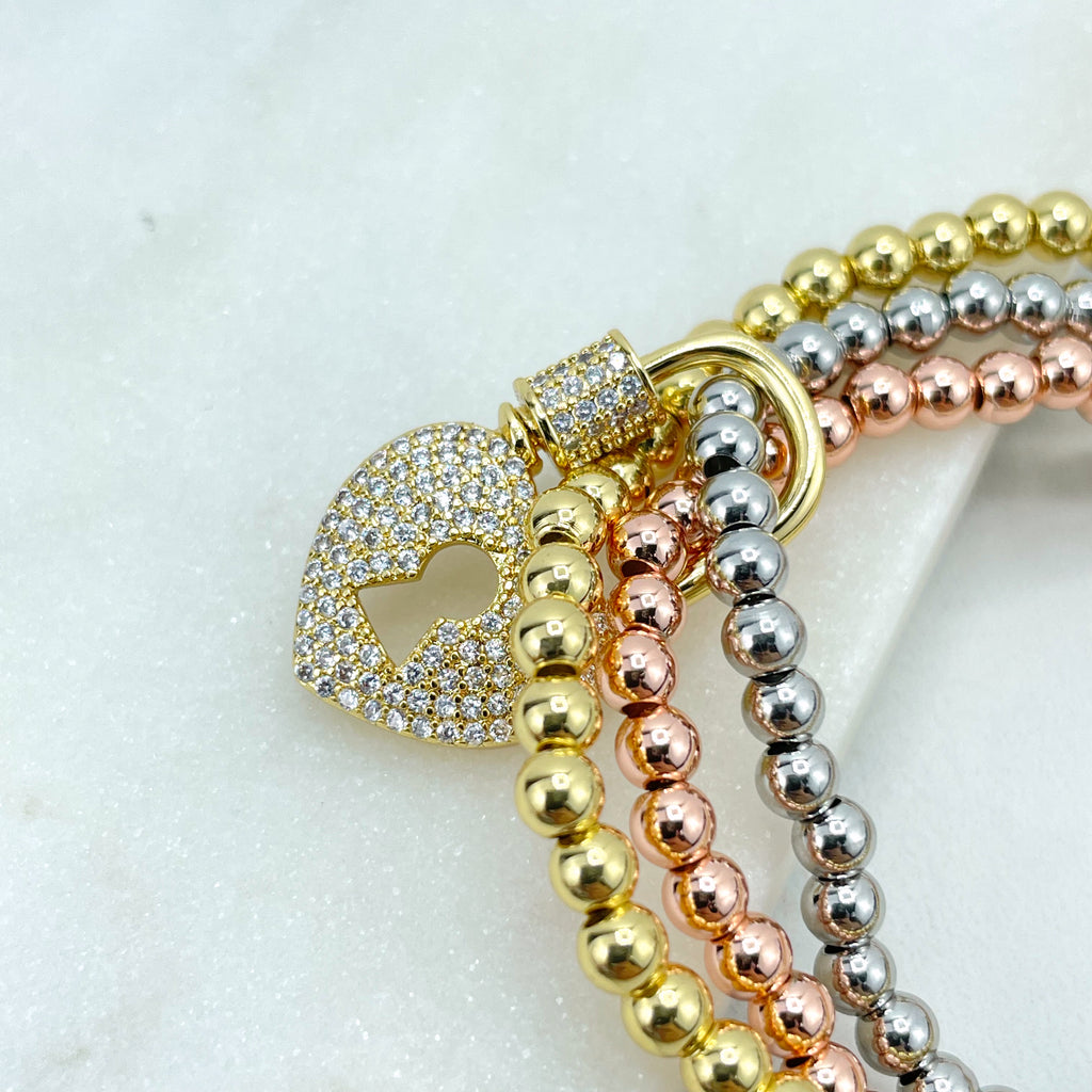 18k Gold Filled Three Tone 4mm Beads Elastic Stackable Bracelet with Micro Cubic Zirconia Lock Heart