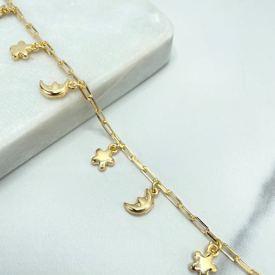 18k Gold Filled 3mm Paperclip Chain Link with Dangle Puffed Moon & Star Charms Bracelet