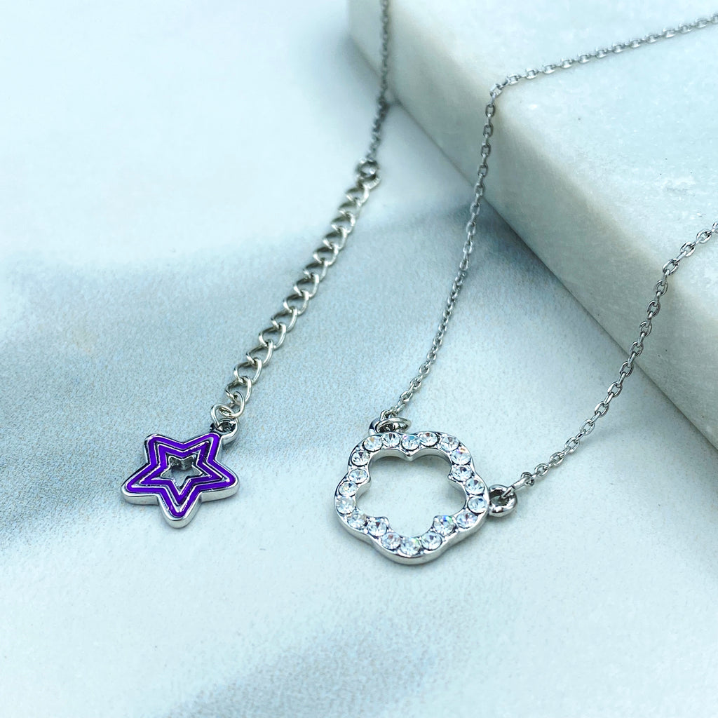 Silver Filled Delicate Necklace with CZ Flower Charm Front, and Purple Enamel Star Extender