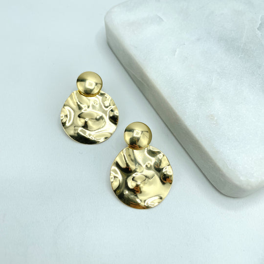 18k Gold Filled Polished Circle Stud Earrings with Drop Circle Hammered