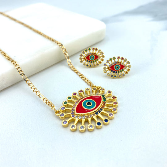 18k Gold Filled Multicolor Micro CZ and Red Enamel Evil Eye Set