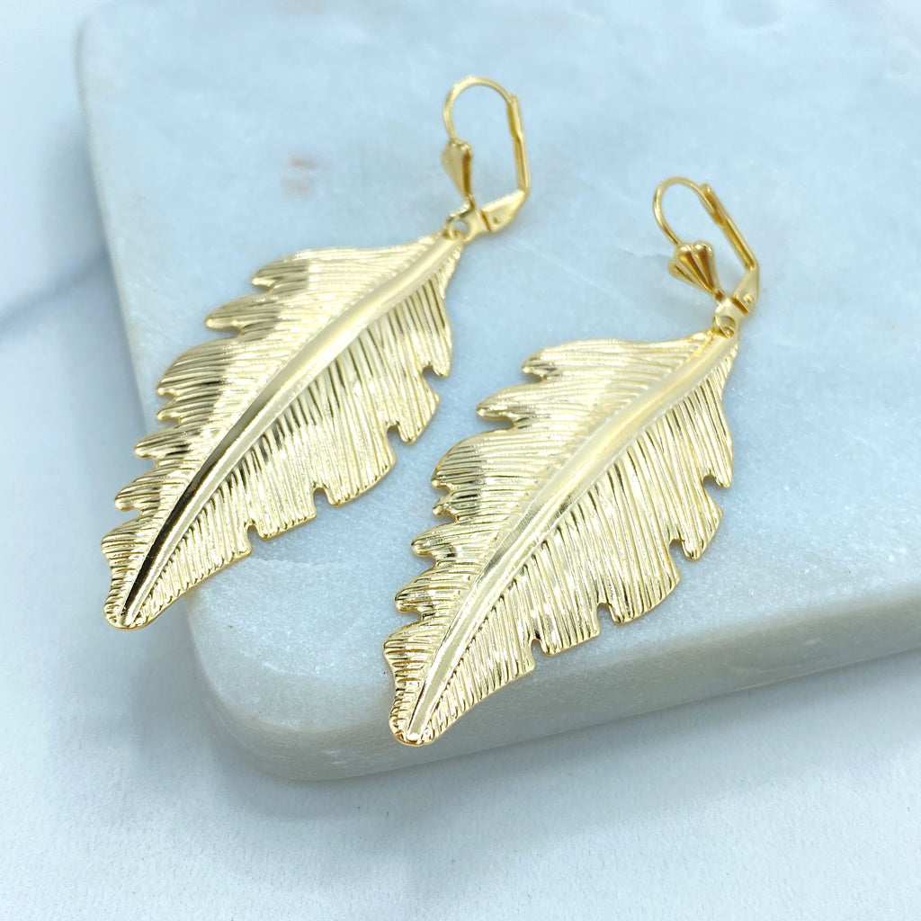 18K Gold Filled Textured Feather Leaf Drop Dangle Earrings, Dangly Boho Leaf and Feather Drop Earrings, Dangling Nature