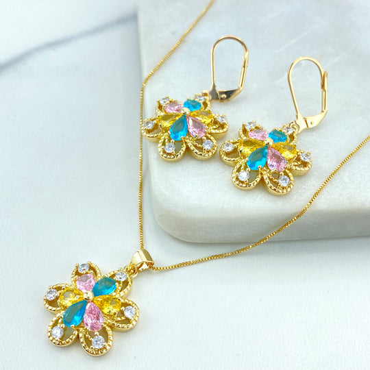 18k Gold Filled Flower Shape Charm Necklace and Dangle Earrings Set, with Multicolor Zirconia
