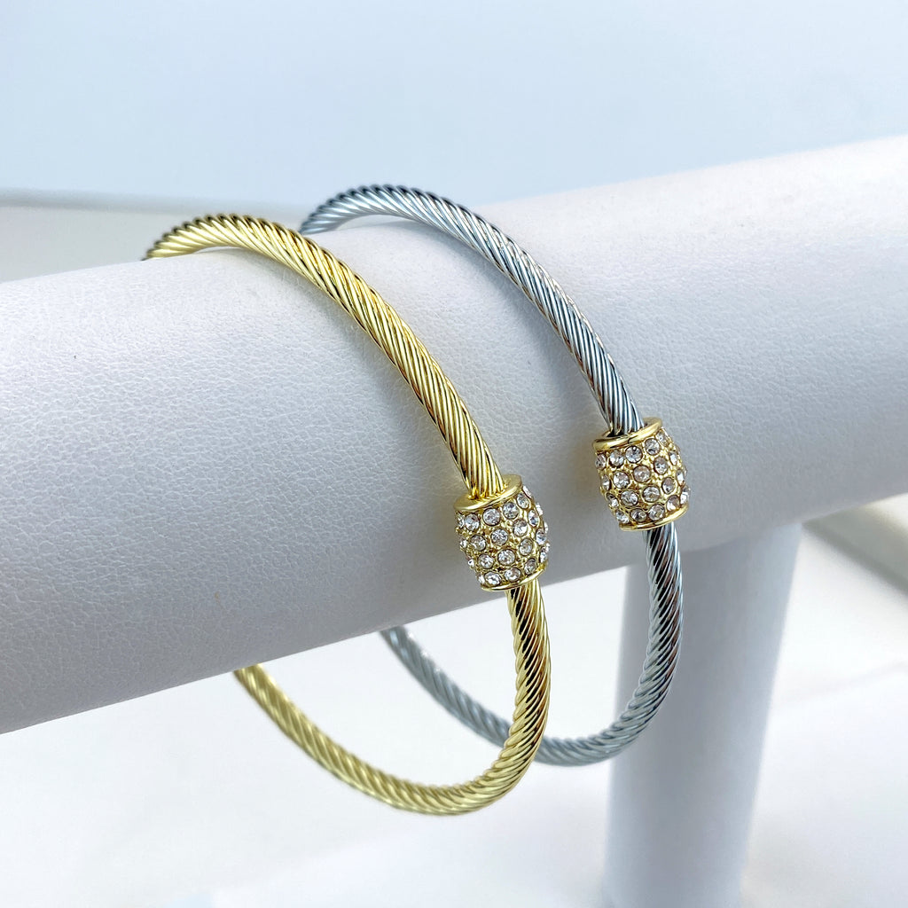 18k Gold Filled or Silver Filled Cable Cuff Bracelets with Charm featuring Micro Pave CZ Adjustable Bracelet