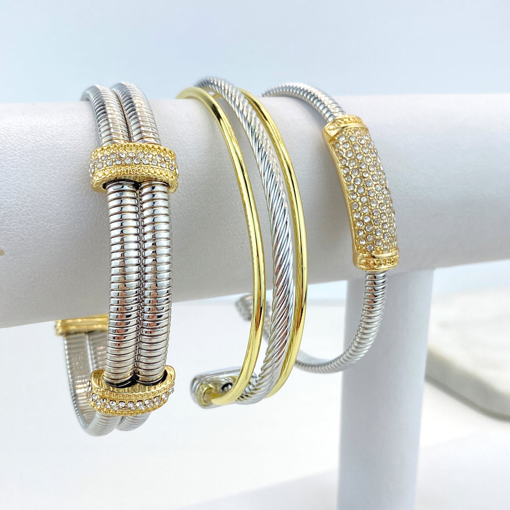 18k Gold Filled and Silver Filled Cable Cuff Bracelets, Lines, CZ Large Charms, Double CZ Charm