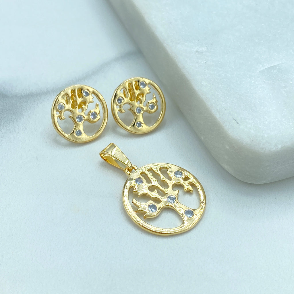 18k Gold Filled Tree of Life Stud Earring and Pendant Set, featuring Micro CZ, Cutout Style