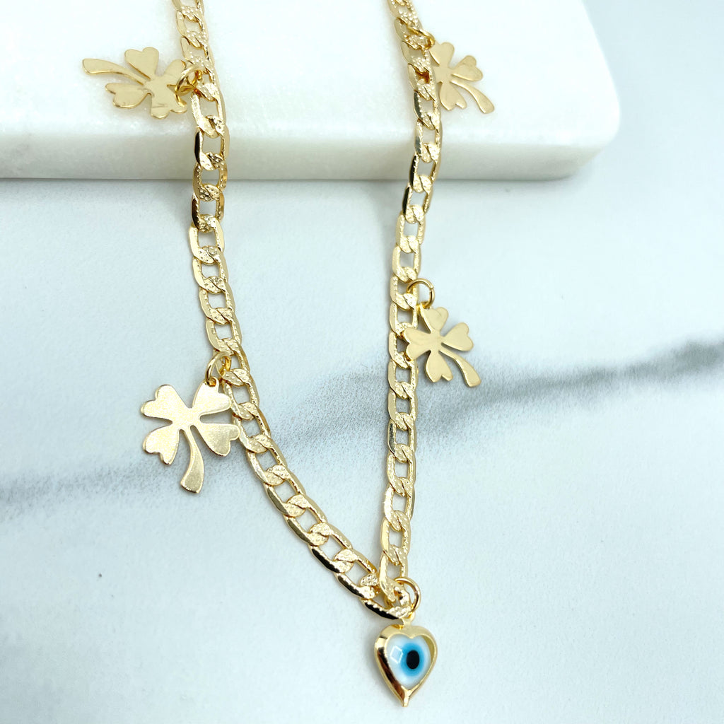 18k Gold Filled 4mm Texturized Flat Curb Link Chain with Dangle Evil Eye & Clovers Anklet