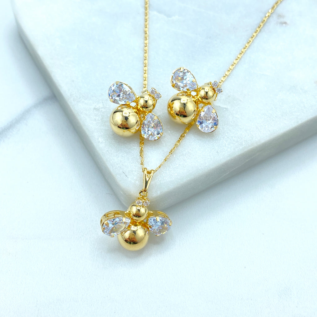 18K Gold Filled Bee Necklace and Bee Stud Earrings Set, featuring Clear Cubic Zirconia, Mariner Link Chain