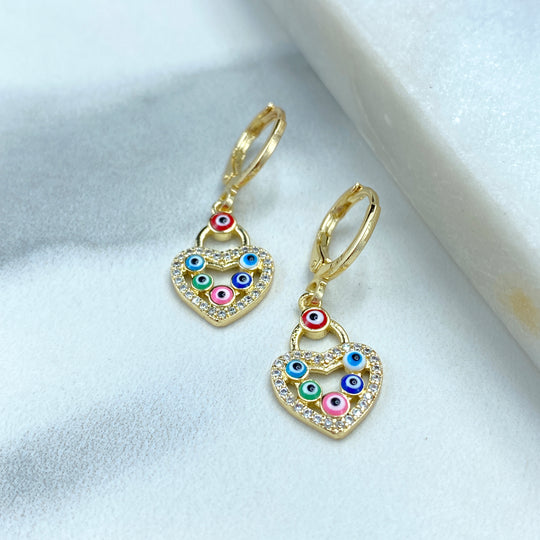 18k Gold Filled Huggie Earrings with Dangle Heart-Shaped Charm featuring Colorful Evil Eyes, for Luck and Protection