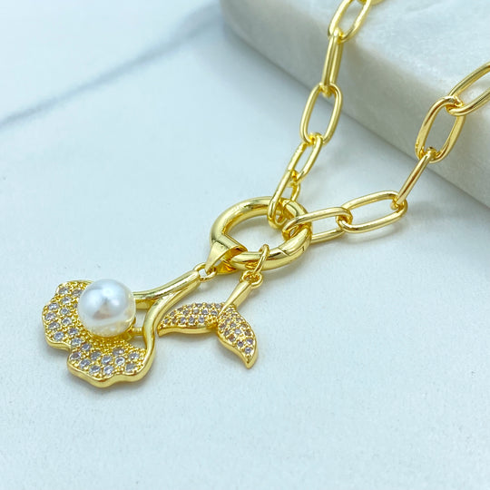18k Gold Filled Necklace, Paperclip Chain with CZ and Pearl Mermaid Tail Dangle Charm Necklace, Dainty Ocean Jewelry