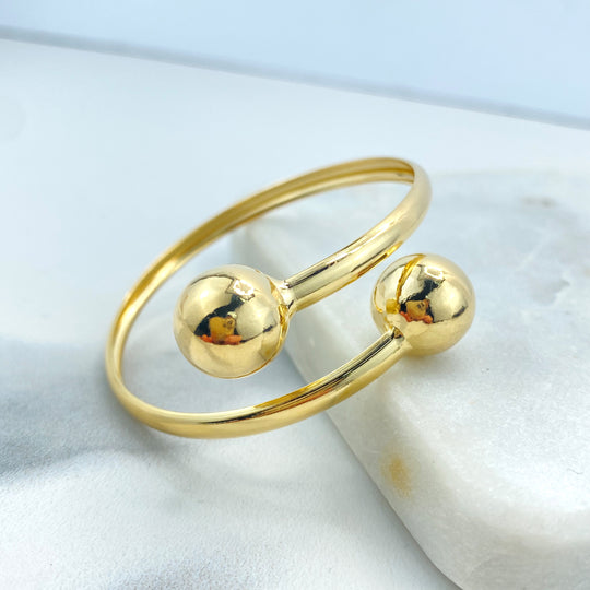 18k Gold Filled Wrist Cuff Bangle Bracelet with Polished Two Balls, Two Balls Open Bangle Bracelet, Adjustable Bracelet