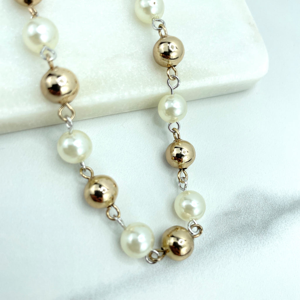 18k Gold Filled Necklace OR Bracelet Set, Gold Beads and Simulated Pearls Linked Chain
