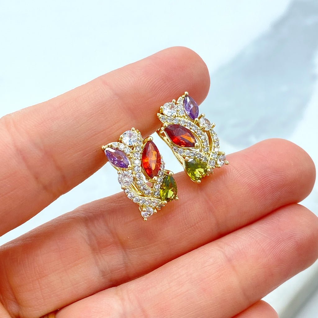 18k Gold Filled Earrings, Multicolor CZ Huggie Hoops, Rainbow Gemstone Huggie Earrings, Timeless Earrings, Gift for Her