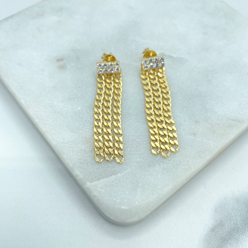 18k Gold Filled Curb Link Chain Tassel Earrings with Rectangular Clear Cubic Zirconia