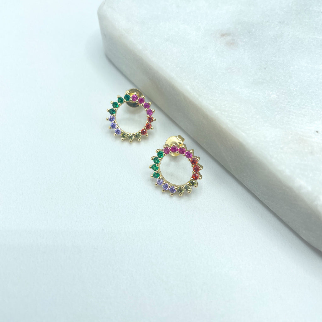 18k Gold Filled Circle Shape Stud Earrings Featuring Multicolor Micro Pave Zirconia