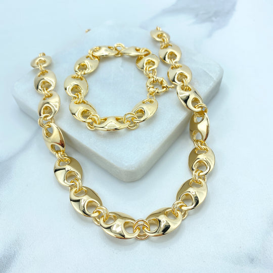 18k Gold Filled 14mm Puffed Mariner Link Light and Hollow Chain Chain 17.5" or Bracelet 7.5"