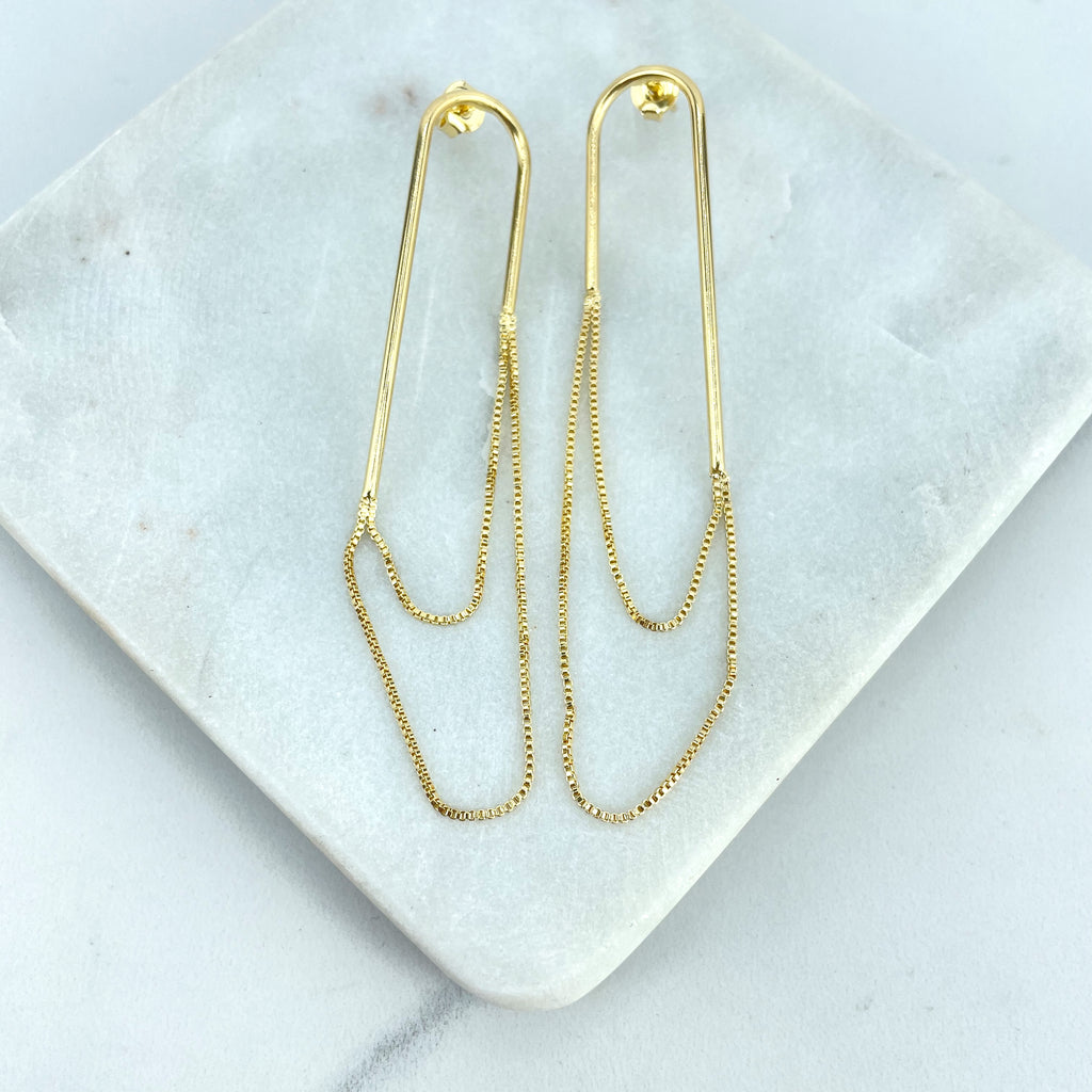 18k Gold Filled Paper Clip Pin Shaped Stud Earrings, Pin Earrings with Dangle Double Lines
