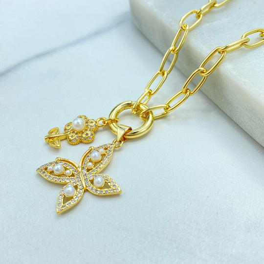 18k Gold Filled Necklace, Paperclip Chain with CZ & Pearl Flower Butterfly Charms Necklace, 16" + Extender