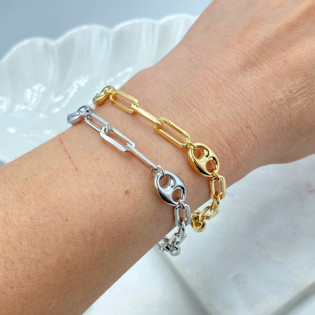 18k Gold Filled or Silver Filled 9mm Puff Mariner Link with 5mm Paperclip Link Bracelet.