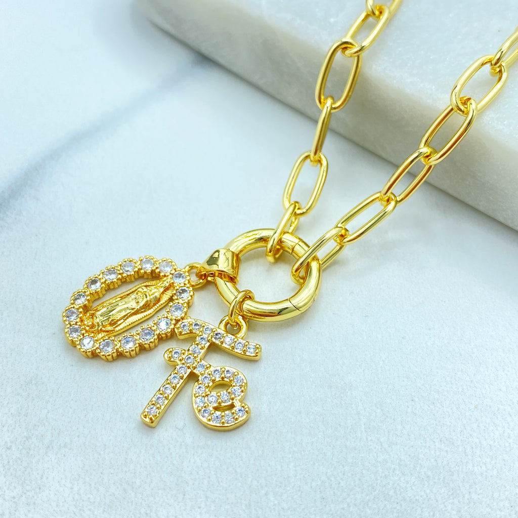 18k Gold Filled Necklace, Paperclip Chain with CZ Guadalupe Medal & “Fe” Charm Necklace, 16" + Extender