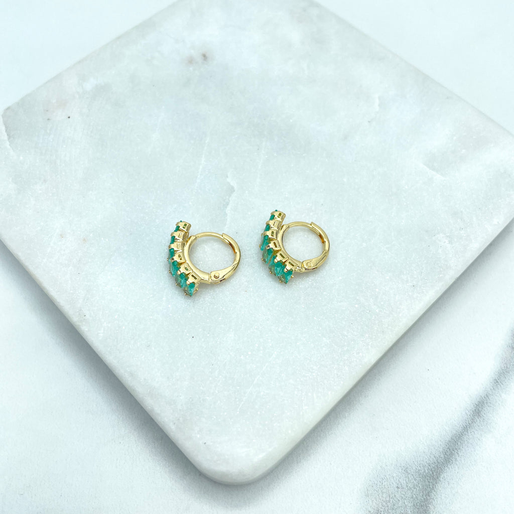 18k Gold Filled Baguette Cubic Zirconia Clear or Green Huggie Earrings, Fine Classic Jewelry