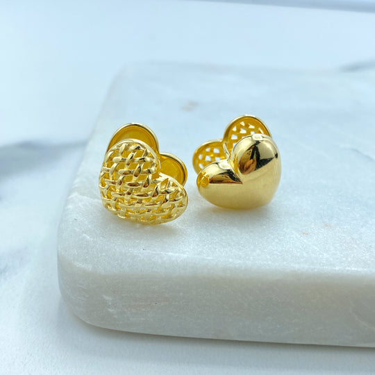 18k Gold Filled Textured Heart Shape Petite Earrings, Polished Back