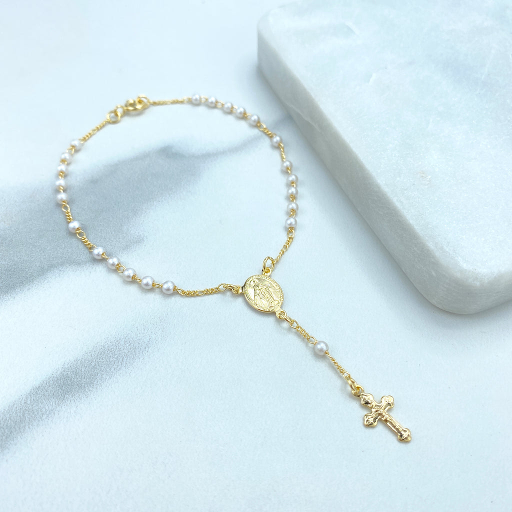 18k Gold Filled Pearls Rosary Bracelet with La Milagrosa Charm, Simulated Pearls Rosary Bracelet with Miraculous Virgin