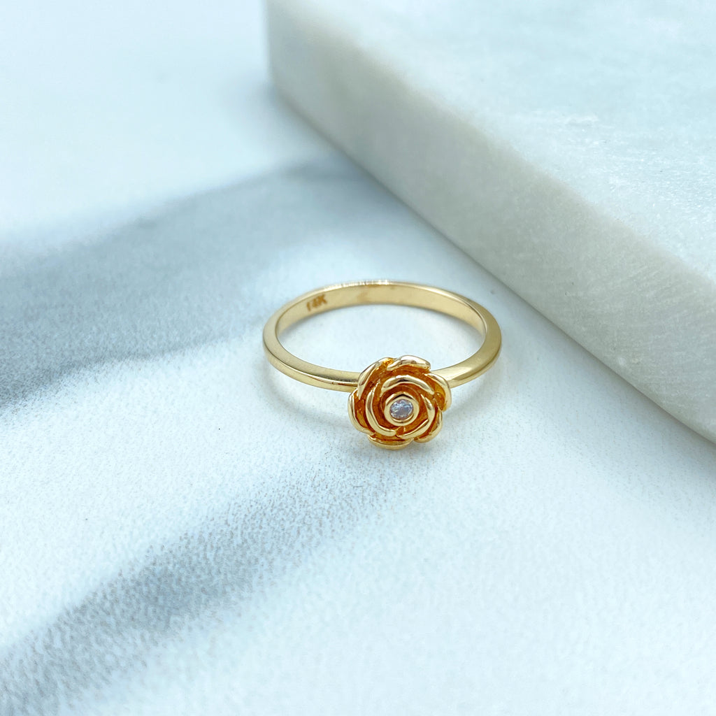 14k Solid Gold Minimalist Floral Ring, 14k Solid Gold Rose Ring featuring Cubic Zirconia