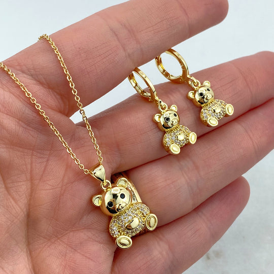18k Gold Filled Teddy Bear with Micro CZ Charm Necklace and Dangle Teddy Bear Huggie Earrings, Set Jewelry