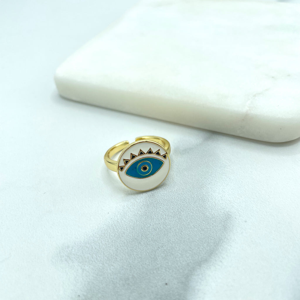 18k Gold Filled Colored Enamel Evil Eye Front Adjustable Ring, White, Pink or Teal