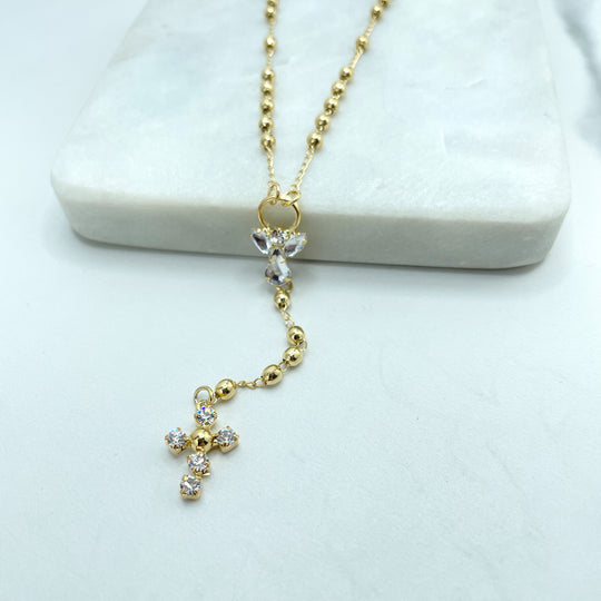 18k Gold Filled Gold Beads Rosary 17.5" Necklace with Cubic Zirconia Little Angel & Cross
