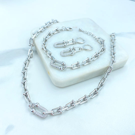 Silver Filled 6mm Polished U Shape Link Chain Set, featuring Micro Cubic Zirconia, with Necklace, Bracelet, Earrings and Ring