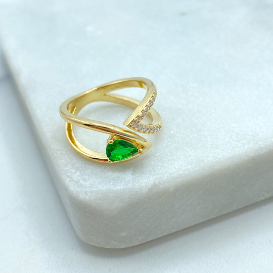 18k Gold Filled Pear Cut Simulated Emerald Adjustable Ring, featuring Micro Pave, Green CZ with Clear Micro Pave
