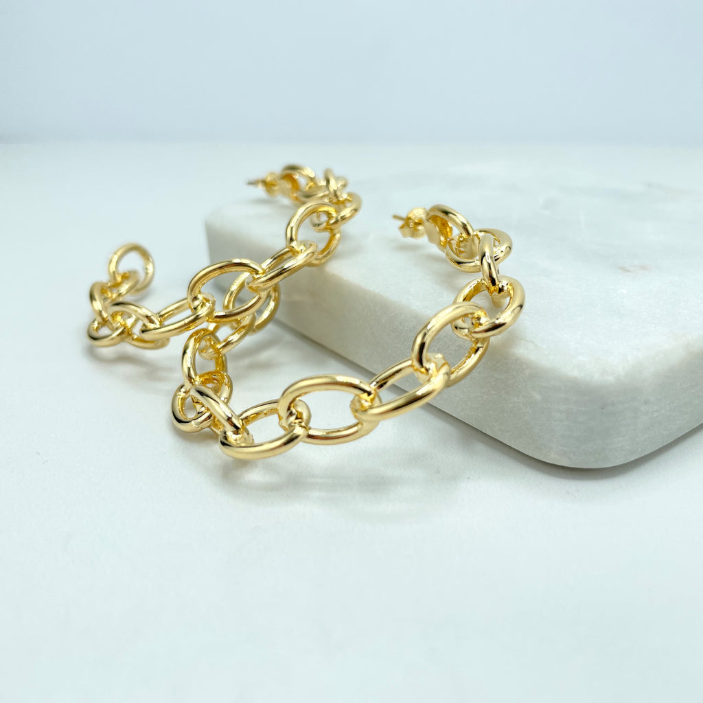 18k Gold Filled 51mm C-Hoop Paperclip Link Style, Hoop Link Earrings