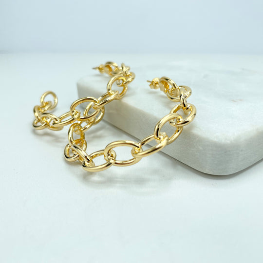 18k Gold Filled 51mm C-Hoop Paperclip Link Style, Hoop Link Earrings