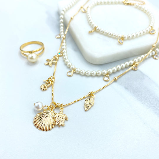 18k Gold Filled Pearls Dangle CZ Charms & Ocean Beach Dangle Charms Double Necklace or Linked Pearls Bracelet