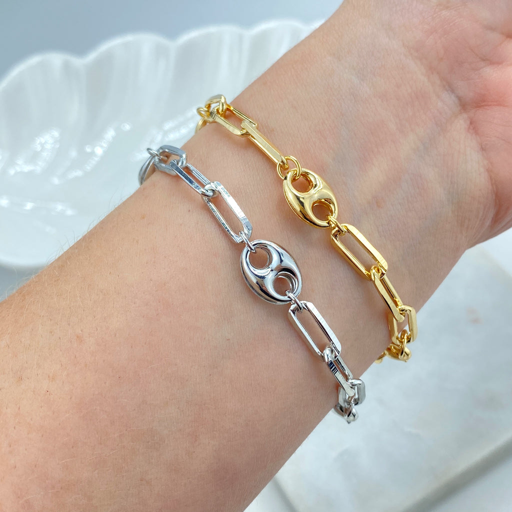 18k Gold Filled or Silver Filled 9mm Puff Mariner Link with 5mm Paperclip Link Bracelet.