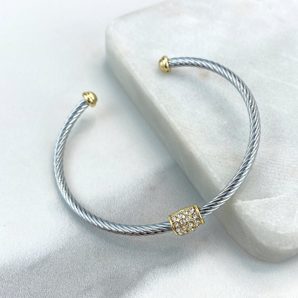 18k Gold Filled or Silver Filled Cable Cuff Bracelets with Charm featuring Micro Pave CZ Adjustable Bracelet