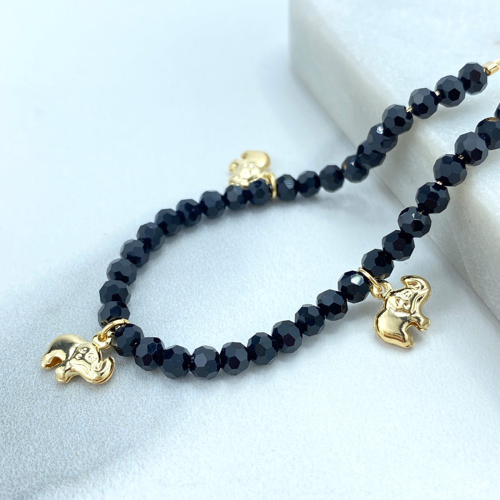 18k Gold Filled Beaded Adjustable Bracelet, Black Beads with Puffed Elephants Charms Adjustable Bracelet