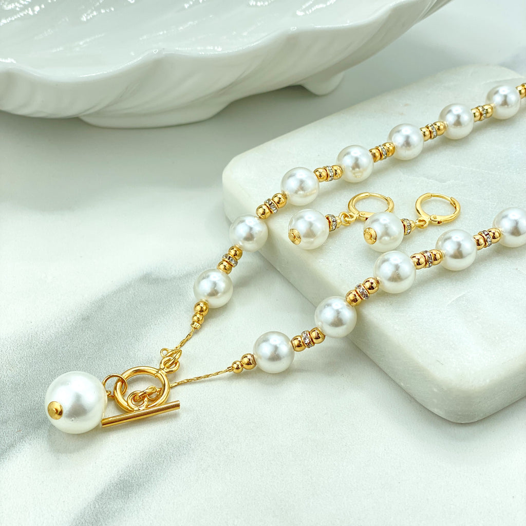 18k Gold Filled Simulated Pearl & Cubic Zirconia Necklace and Earrings Set, Toggle Clasp Pearl Necklace, Pearl Earrings